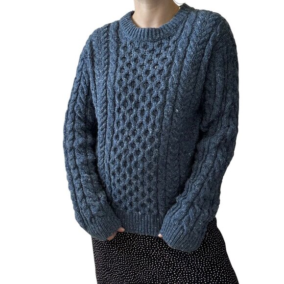 Vintage LL Bean Navy Blue 100% Wool Irish Fisherman Made in Ireland Sweater Sz S - Picture 2 of 7